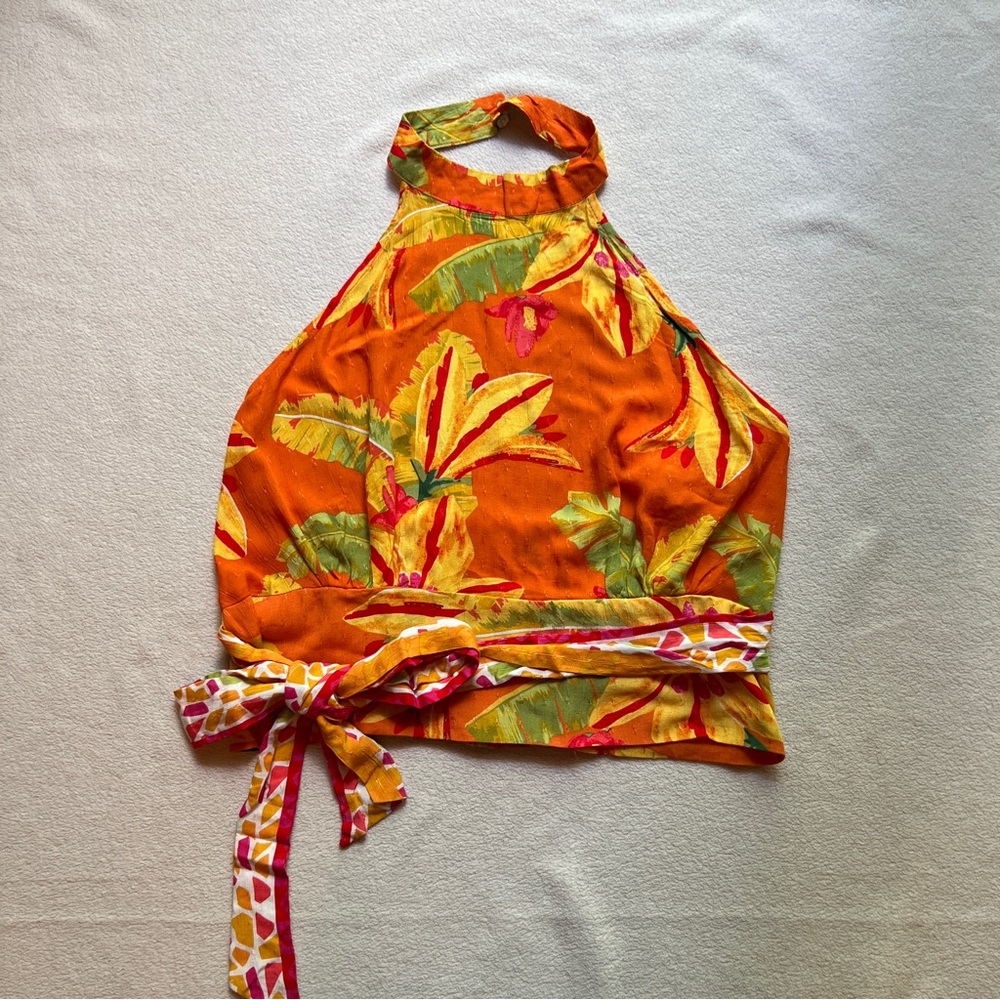 Haute Hippie Women’s L Orange Tropical Boho Halter Top Resort Wear